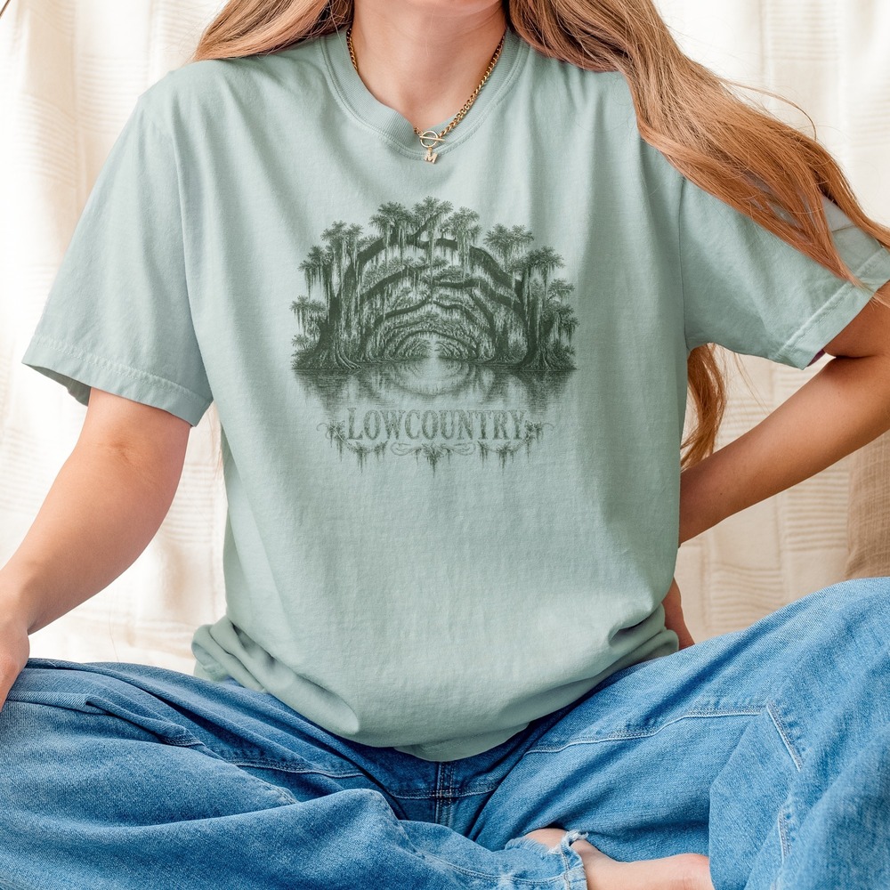 Lowcountry Oak Tunnel Arching Over Still Water Tee